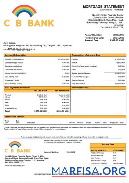 Realistic Myanmar CB Bank mortgage statement Word and PDF template